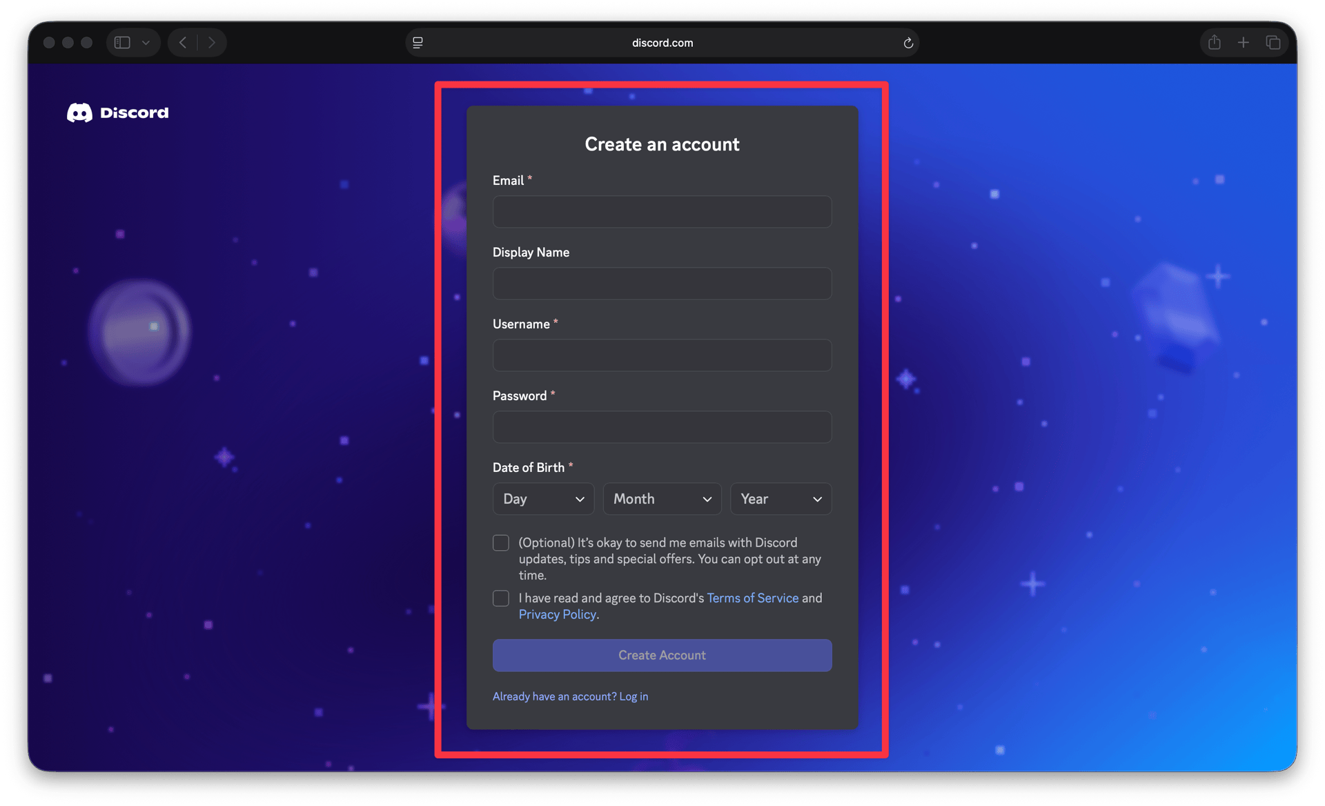Discord registration form